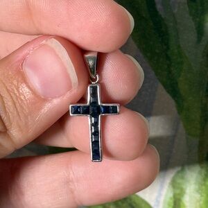 925 Sterling Silver Genuine Blue Sapphire Cross Pendant 3/4”